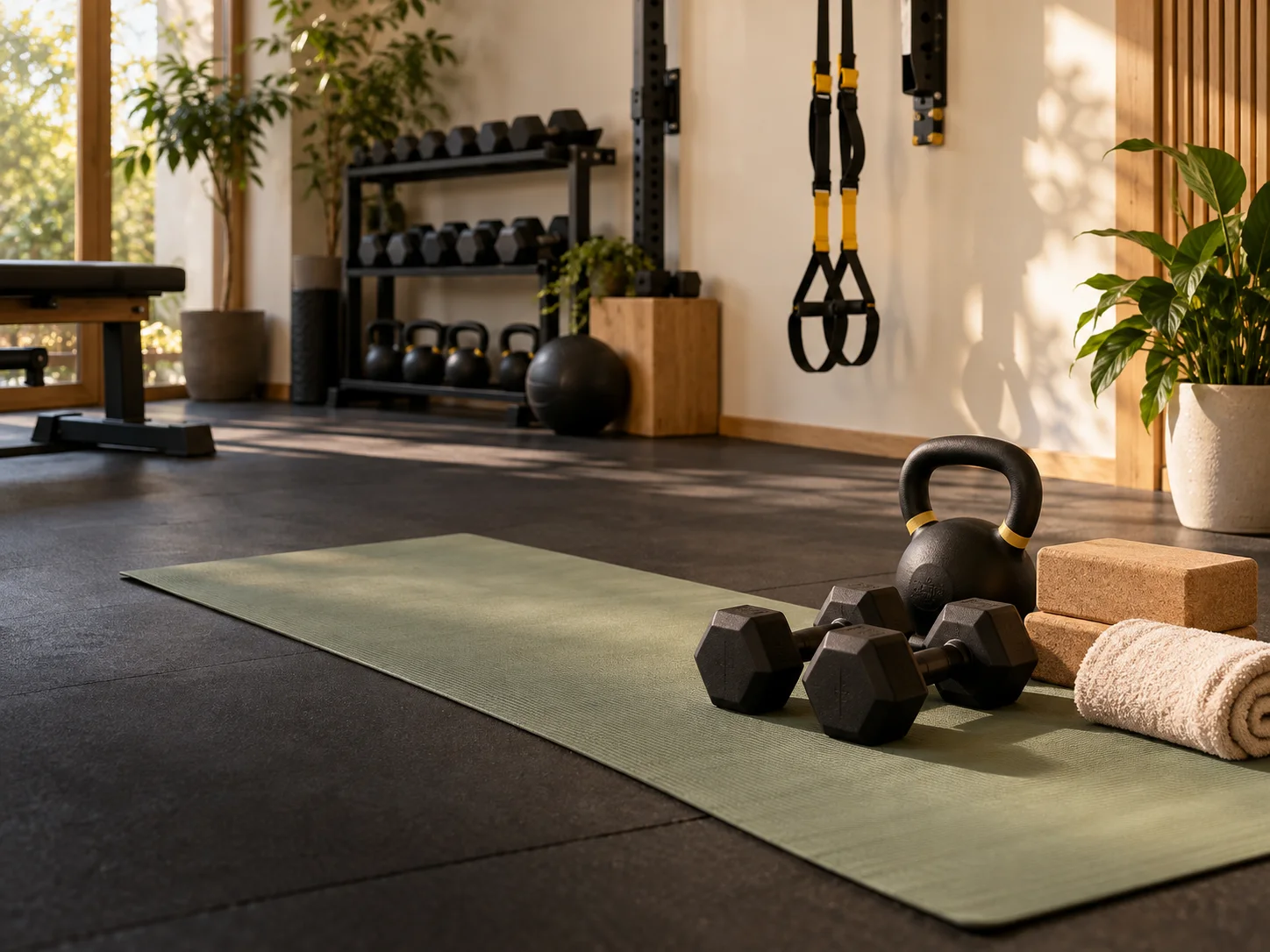 Welcoming functional training studio with a yoga mat, suspension straps, kettlebell and dumbbells